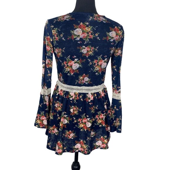 MAUVE Women Floral Open Front Sweater Sz S Blue Long Sleeve Cardigan 10A-8 - Picture 2 of 10